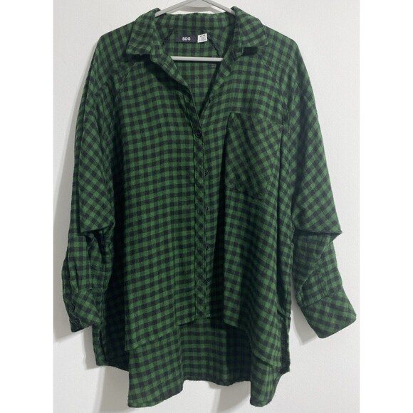 BDG Tops - BDG Flannel Shirt Women's XS Green Black Plaid Hi Lo Button Fall Cozy Hipster